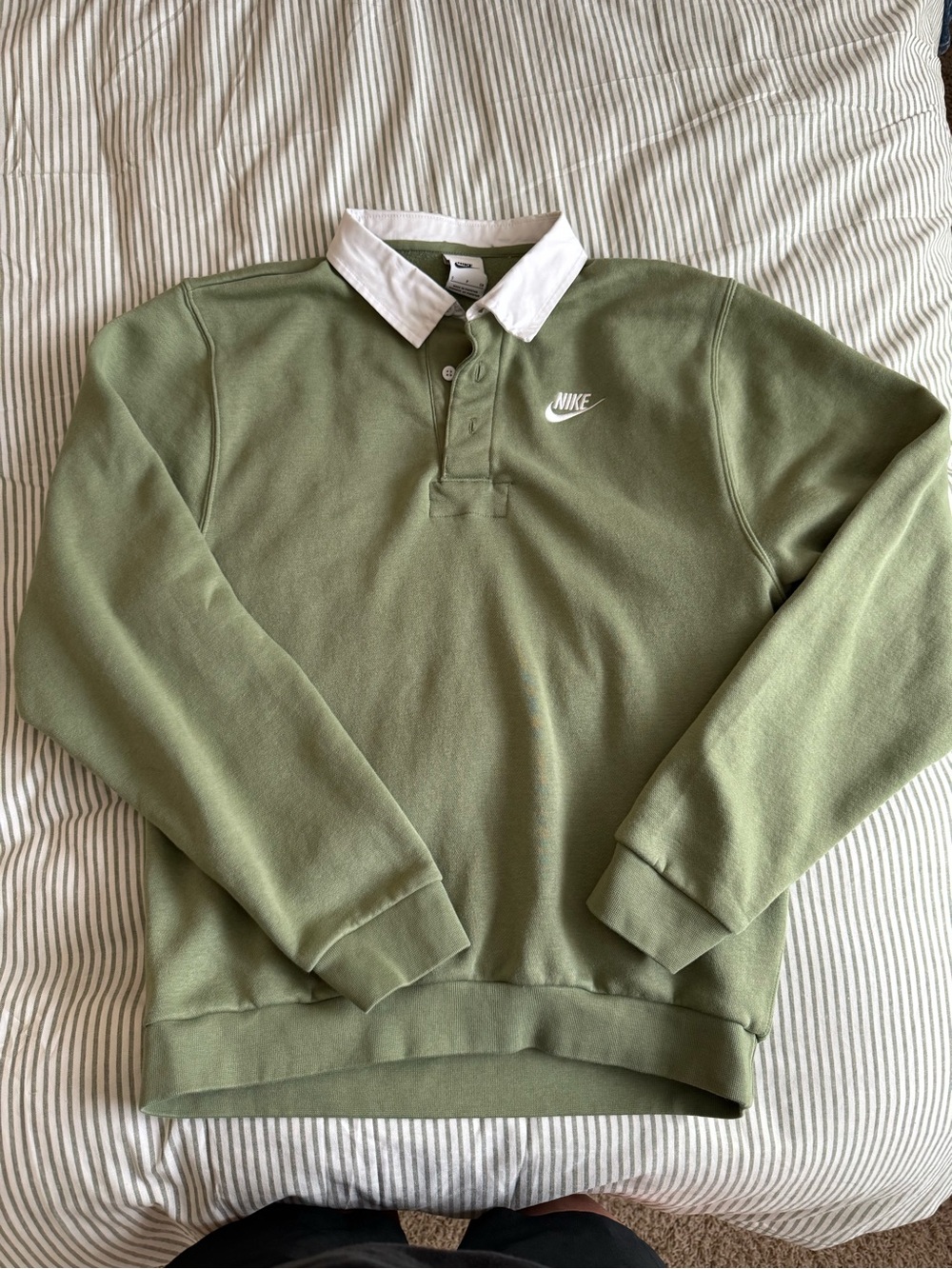 Nike Olive Green Crewneck Rugby Collar Pullover with White Collar